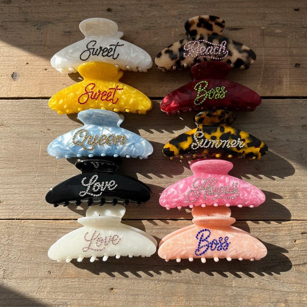 Clip per artigli per capelli in acetato con strass colorati con logo personalizzato per donne e ragazze