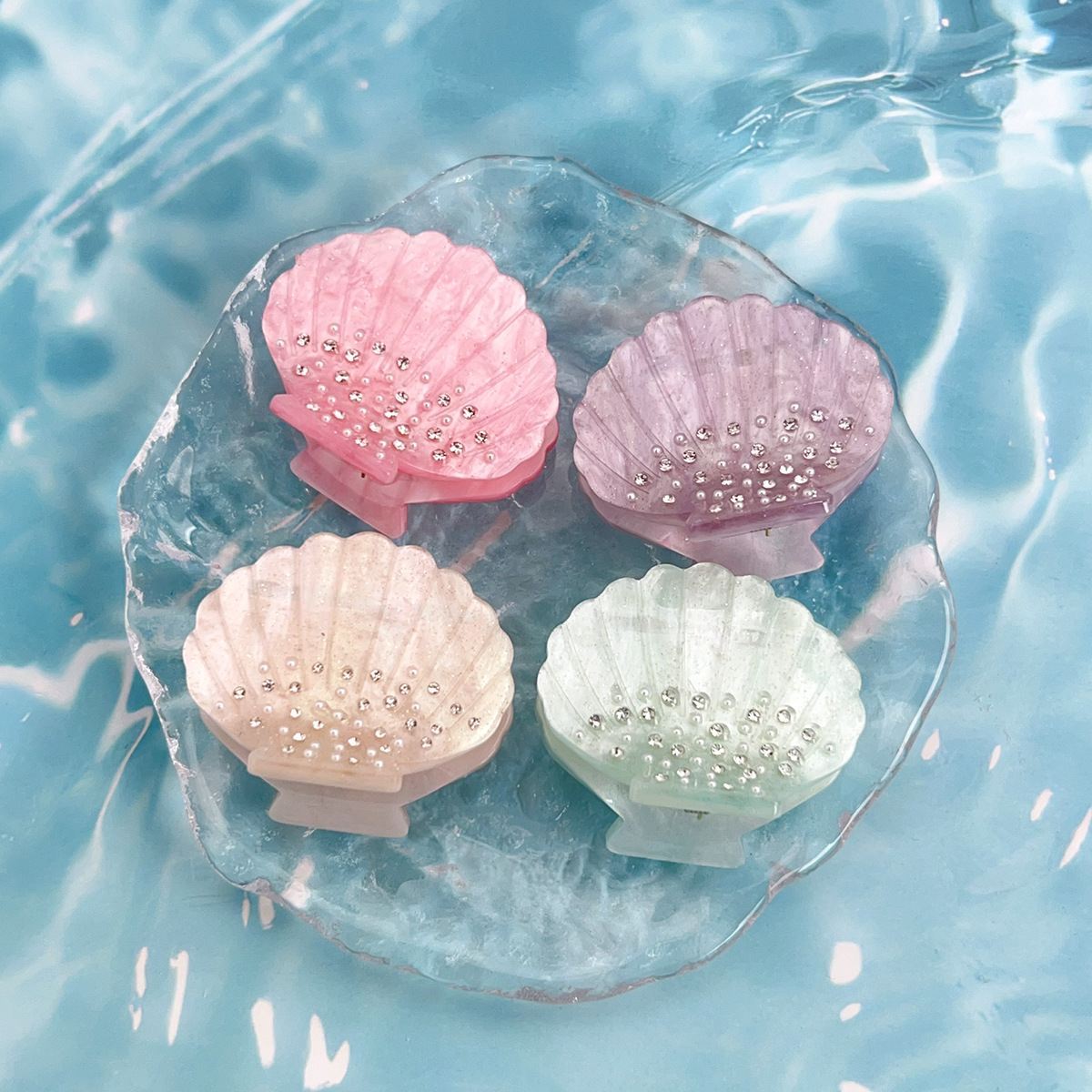 Artiglio per capelli in acetato bianco con strass di cristallo di lusso glitterato, gioielli con conchiglia di mare, piccoli fermagli per capelli, accessori per capelli per le donne